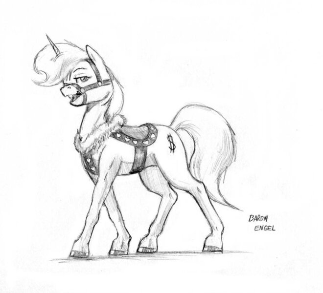 Size: 937x852 | Tagged: safe, artist:baron engel, derpibooru import, oc, oc:petina, unofficial characters only, pony, unicorn, breast collar, bridle, female, grayscale, mare, monochrome, pencil drawing, saddle, solo, tack, traditional art