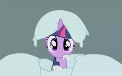 Size: 1440x900 | Tagged: safe, artist:cloudyglow, derpibooru import, twilight sparkle, pony, unicorn, look before you sleep, confused, feather, female, gray background, huh, image, jpeg, mare, mouth hold, pile, pillow, pillow hat, simple background, solo, trace, unicorn twilight, vector, wat