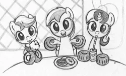 Size: 1200x728 | Tagged: safe, artist:asai-gomen, derpibooru import, oc, oc:wheely bopper, unofficial characters only, original species, wheelpone, :3, donut, drink, food, grayscale, image, jpeg, milkshake, milkshake ponies, monochrome, sketch, soda, straw