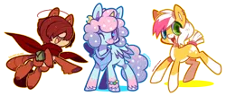 Size: 1184x506 | Tagged: safe, artist:zhampy, derpibooru import, oc, unofficial characters only, earth pony, pegasus, pony, bracelet, cape, clothes, earring, heterochromia, scarf, wink