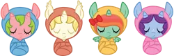 Size: 1600x521 | Tagged: safe, artist:ivyhaze, derpibooru import, oc, unofficial characters only, alicorn, bat pony, bat pony unicorn, pony, unicorn, wingless bat pony, adoptable, baby, bow, eyes closed, filly, freckles, multiple horns