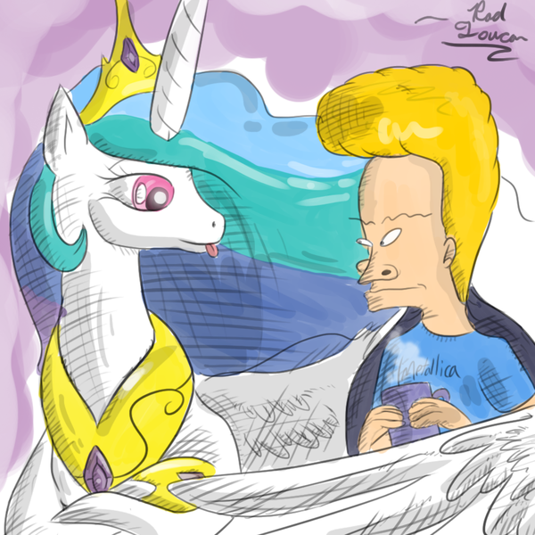 Size: 900x900 | Tagged: safe, artist:rad-toucan, derpibooru import, princess celestia, human, beavis, beavis and butthead, beavislestia, crack shipping, crossover, cup, cute, cutelestia, joke shipping, tongue out