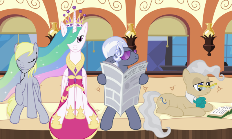 Size: 1153x692 | Tagged: safe, artist:arvaus, derpibooru import, derpy hooves, hoity toity, mayor mare, princess celestia, pegasus, pony, book, clothes, coronation dress, dress, earbuds, female, glasses, mare, newspaper, parody, reading, sunglasses, train