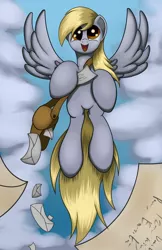 Size: 1100x1700 | Tagged: safe, artist:grennadder, derpibooru import, derpy hooves, pegasus, pony, bag, female, flying, happy, letter, mail, mailbag, mailmare, mailpony, mare, smiling, solo