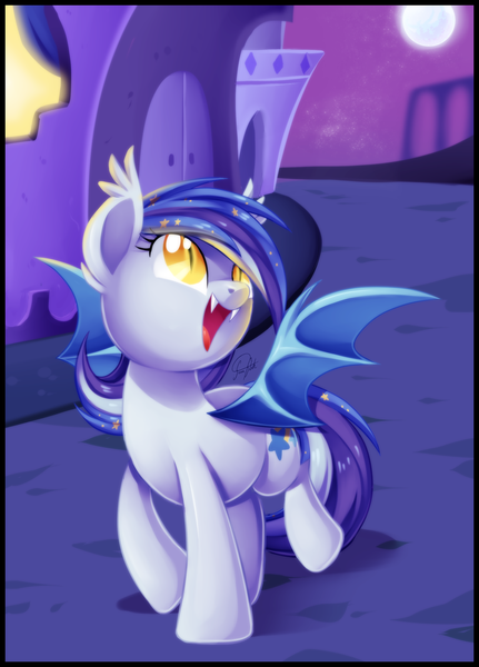 Size: 1822x2537 | Tagged: safe, artist:centchi, derpibooru import, oc, oc:star struck, unofficial characters only, bat pony, pony, bat pony oc, canterlot, fangs, moon, night, solo