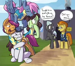 Size: 900x800 | Tagged: safe, artist:goat train, deleted from derpibooru, derpibooru import, rumble, scootaloo, spitfire, thunderlane, dialogue, female, flirting, harem, male, rumble gets all the fillies, rumbloo, shipping, straight, wonderbolt trainee uniform, wonderbolts