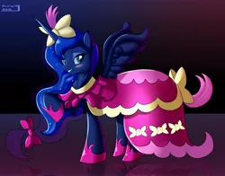 Size: 2483x1949 | Tagged: artist:skyline19, bow, clothes, derpibooru import, dress, pink, pinkluna, princess luna, safe, solo