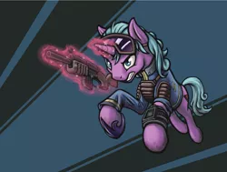 Size: 1981x1501 | Tagged: safe, artist:kalemon, derpibooru import, oc, oc:coin slot, unofficial characters only, pony, unicorn, fallout equestria, clothes, female, goggles, gun, magic, mare, solo, telekinesis, vault suit