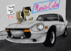 Size: 5040x3600 | Tagged: safe, artist:skydiggitydive, derpibooru import, oc, unofficial characters only, pegasus, pony, car, clothes, d.notive, datsun, fairlady z, glasses, male, nissan, nissan 240z, s30, sign, stallion, sunglasses