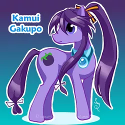 Size: 600x600 | Tagged: safe, artist:canarycharm, derpibooru import, ponified, earth pony, pony, bow ties, collar, kamui gakupo, long bangs, looking back, purple mane, purple tail, ribbon, solo, vocaloid