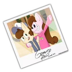 Size: 5500x5500 | Tagged: absurd resolution, artist:fledgex, braces, clothes, derpibooru import, dipper pines, gravity falls, happy, hat, mabel pines, photo, picture, polaroid, ponified, safe, siblings, smiling