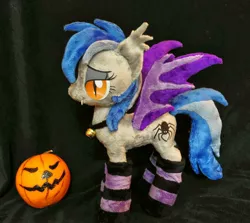 Size: 1336x1190 | Tagged: safe, artist:epicrainbowcrafts, derpibooru import, oc, unofficial characters only, bat pony, pony, bell, bell collar, clothes, collar, irl, jack-o-lantern, photo, plushie, pumpkin, socks, striped socks