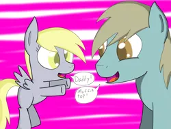 Size: 2179x1646 | Tagged: safe, artist:dark-southern-rebel, derpibooru import, derpy hooves, oc, pegasus, pony, father, filly, parent, speech bubble, younger