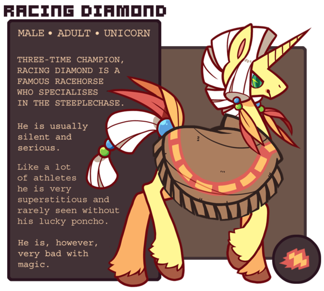 Size: 675x605 | Tagged: safe, artist:zhampy, derpibooru import, oc, oc:racing diamond, unofficial characters only, pony, unicorn, clothes, feather, male, poncho, solo, stallion, text, unshorn fetlocks