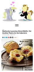 Size: 648x1373 | Tagged: business week, clothes, con mane, derpibooru import, derpy hooves, donut, donut joe, drink, duffin, female, food, glass, heart, male, muffin, news, obligatory pony, photo, safe, shipping, starbucks, straight, text