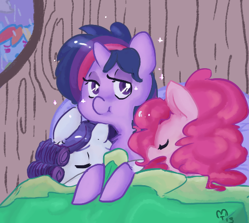 Size: 500x448 | Tagged: safe, artist:mt, derpibooru import, pinkie pie, rainbow dash, rarity, twilight sparkle, pony, alternate hairstyle, bed, cute, diapinkes, eyes closed, female, lesbian, looking at you, mare, polyamory, rarilight, rarilightpie, raripie, shipping, sleeping, sleepover, spying, twinkie