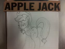 Size: 1280x960 | Tagged: applejack, artist:jakejoke, derpibooru import, dock, grayscale, lined paper, monochrome, plot, safe, solo, traditional art