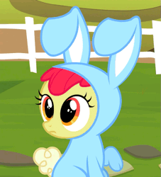 Size: 491x540 | Tagged: adorabloom, animal costume, animated, apple bloom, bunny bloom, bunny costume, clothes, costume, cropped, cute, derpibooru import, family appreciation day, fence, floppy ears, safe, screencap, solo