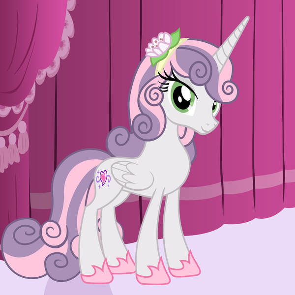 Size: 4320x4320 | Tagged: safe, artist:beavernator, derpibooru import, sweetie belle, alicorn, pony, absurd resolution, clothes, looking at you, older, race swap, slippers, smiling, solo, story in the source, sweetiecorn, vector