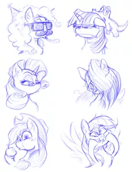 Size: 2000x2600 | Tagged: safe, artist:pimander1446, derpibooru import, applejack, fluttershy, gummy, pinkie pie, rainbow dash, rarity, twilight sparkle, pony, :p, apple, biting, crying, duckface, eating, facial expressions, floppy ears, frown, glasses, groucho mask, mane six, monochrome, palindrome get, silly, silly pony, sketch dump, tongue out, unamused