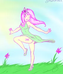 Size: 1248x1461 | Tagged: accidental exposure, artist:silver1kunai, ass, breasts, clothes, cute, dress, eyes closed, female, flower, fluttershy, happy, human, humanized, nature, no panties, open mouth, pony coloring, sexy, skirt, smiling, solo, solo female, suggestive, sundress, upskirt