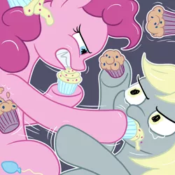 Size: 1600x1600 | Tagged: safe, artist:dahtamnay, derpibooru import, derpy hooves, pinkie pie, earth pony, pegasus, pony, crying, cupcake, cupcakes vs muffins, female, fight, food, food fight, mare, muffin