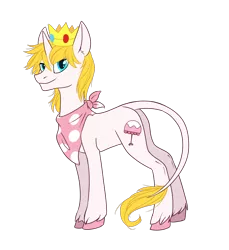 Size: 1288x1408 | Tagged: safe, artist:weird--fish, derpibooru import, oc, unofficial characters only, classical unicorn, pony, bandana, crown, leonine tail, male, prince apricot, prince aprikot, princess peach, rule 63, solo, stallion, super mario bros., unshorn fetlocks