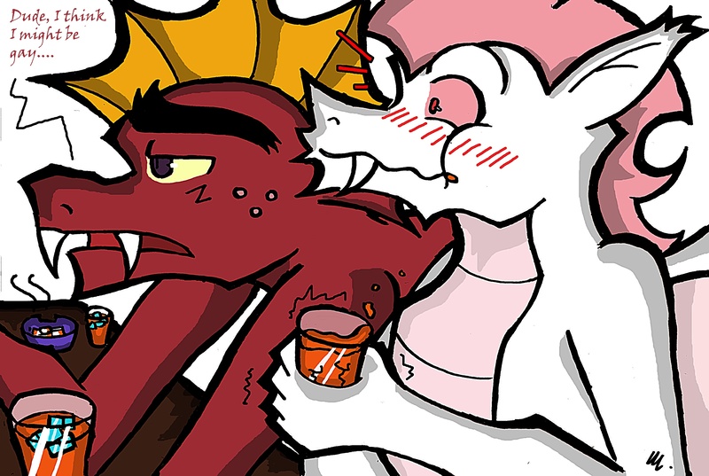 Size: 3500x2349 | Tagged: artist:mcbain, coming out, derpibooru import, dialogue, dragon, drink, fizzle, garbizzle, garble, gay, male, safe, shocked, table, teenaged dragon