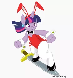 Size: 750x800 | Tagged: safe, artist:zap-apple-acid-trip, derpibooru import, twilight sparkle, pony, unicorn, bipedal, blue mane, bunny ears, bunny suit, clothes, crossover, daicon iv, ear piercing, earring, eyelashes, gainax, hooves, horn, jewelry, leotard, long mane, multicolored mane, pantyhose, piercing, pink mane, playboy bunny, purple mane, simple background, solo, sword, sword surfing, white background