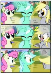 Size: 1741x2500 | Tagged: safe, artist:pyruvate, derpibooru import, bon bon, derpy hooves, lyra heartstrings, sweetie drops, pegasus, pony, comic:the usual, :3, comic, female, mare