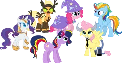 Size: 1000x519 | Tagged: safe, artist:schnuffitrunks, derpibooru import, applejack, fluttershy, iron will, lightning dust, nightmare rarity, pinkie pie, rainbow dash, rarity, sunset shimmer, trixie, twilight sparkle, pony, timber wolf, antagonist, clothes, costume, mane six, nightmare night, role reversal, timber wolfified, timberjack