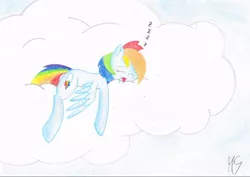 Size: 1062x752 | Tagged: artist:moonshine, cloud, cloudy, derpibooru import, drool, rainbow dash, safe, sleeping, solo, traditional art, zzz