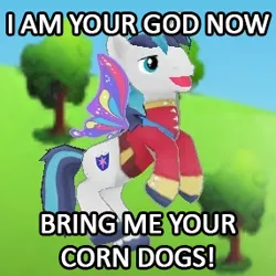 Size: 286x286 | Tagged: safe, derpibooru import, shining armor, alicorn, pony, unicorn, friendship is witchcraft, clear the skies, clothes, corndog, gameloft, glimmer wings, i am your god now bring me your virgins, image macro, solo, wings