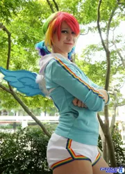 Size: 1478x2048 | Tagged: artist:burloire, artist:rose0fmay, clothes, cosplay, derpibooru import, human, irl, irl human, photo, rainbow dash, safe, shorts, solo, wings