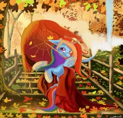 Size: 4148x3987 | Tagged: absurd resolution, artist:auroriia, autumn, autumn leaves, clothes, crown, derpibooru import, fence, leaves, path, rainbow dash, safe, scenery, shoes, solo, umbrella, waterfall