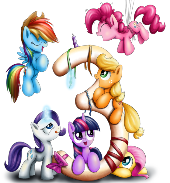 Size: 800x858 | Tagged: 3, anniversary, applejack, artist:xioade, derpibooru import, fluttershy, happy birthday mlp:fim, magic, mane six, meta, mlp fim's third anniversary, pinkie pie, rainbow dash, rarity, ribbon, safe, twilight sparkle