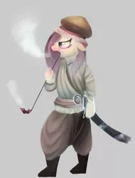 Size: 1247x1642 | Tagged: safe, derpibooru import, fluttershy, pony, bipedal, clothes, hat, shoes, smoking, solo, sword