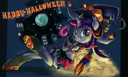 Size: 4000x2400 | Tagged: artist:akamei, clothes, derpibooru import, filly, halloween, hat, holiday, horns, jack-o-lantern, oc, oc:sami, pixiv, pumpkin, safe, solo, sorceress, succubus, unofficial characters only, witch hat