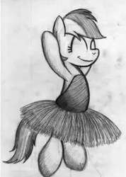 Size: 2346x3300 | Tagged: safe, artist:drawponies, derpibooru import, rainbow dash, pony, ballerina, ballet, bipedal, clothes, cute, dress, eyes closed, female, grayscale, happy, mare, monochrome, rainbow dash always dresses in style, rainbowrina, simple background, solo, traditional art, tutu, white background, wingless