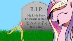 Size: 1280x720 | Tagged: alicorn drama, anti-drama, big crown thingy, cadance laughs at your misery, crown, drama, equestria girls drama, exploitable meme, grave, gravestone, meme, princess cadance, safe