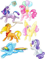 Size: 2550x3300 | Tagged: applejack, artist:akstatic, balloon, bandana, book, bow, butterfly, derpibooru import, floating, fluttershy, flying, lasso, magic, mane six, mirror, mouth hold, pinkie pie, rainbow dash, rarity, safe, telekinesis, then watch her balloons lift her up to the sky, twilight sparkle