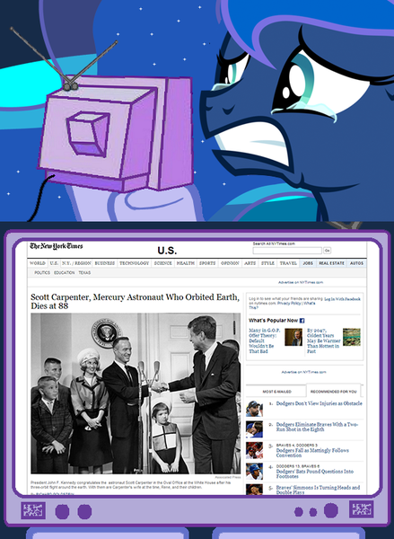 Size: 563x769 | Tagged: american presidents, astronaut, child, crying, derpibooru import, exploitable meme, human, irl, irl human, john f. kennedy, meme, obligatory pony, photo, president, princess luna, sad, safe, scott carpenter, text, tv meme