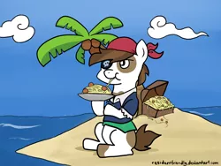Size: 1024x768 | Tagged: artist:residentfriendly, bandana, clothes, cloud, derpibooru import, eating, eyepatch, food, island, ocean, palm tree, pipsqueak, pipsqueak eating spaghetti, pirate, plate, safe, solo, spaghetti, tree, water