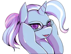 Size: 900x675 | Tagged: safe, artist:bakki, derpibooru import, trixie, pony, unicorn, bust, colored pupils, female, glasses, hoof hold, looking at you, mare, portrait, simple background, solo, transparent background
