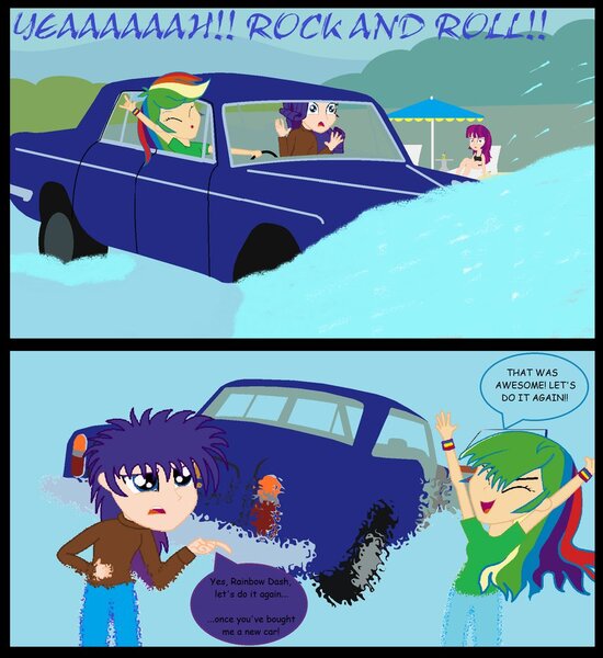 Size: 856x934 | Tagged: safe, artist:garretthegarret, derpibooru import, mystery mint, rainbow dash, rarity, equestria girls, background human, car, comic, human coloration, rainbow dumb, rolls-royce, rolls-royce silver shadow, speech bubble, swimming pool, water