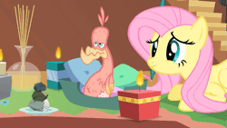 Size: 853x480 | Tagged: a bird in the hoof, animated, aromatherapy, candle, derpibooru import, feather, fluttershy, molting, philomena, plate, pouting, rock, safe, screencap