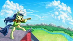 Size: 1600x905 | Tagged: safe, artist:rainspeak, derpibooru import, fiddlesticks, pony, apple family member, barn, bipedal, clothes, fiddler on the roof, hat, mountain, musical instrument, playing, river, scenery, solo, violin, water