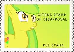 Size: 1917x1344 | Tagged: safe, artist:phoenixlightning, derpibooru import, oc, oc:citrus, unofficial characters only, earth pony, pony, deviantart stamp, reaction image, solo, stahp, stamp