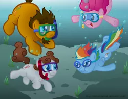 Size: 1024x795 | Tagged: artist:aleximusprime, bubble, derpibooru import, goggles, harsher in hindsight, oc, oc:alex the chubby pony, oc:dreamer, pinkie pie, ponysona, rainbow dash, safe, snorkel, swimming, swimming goggles, underwater