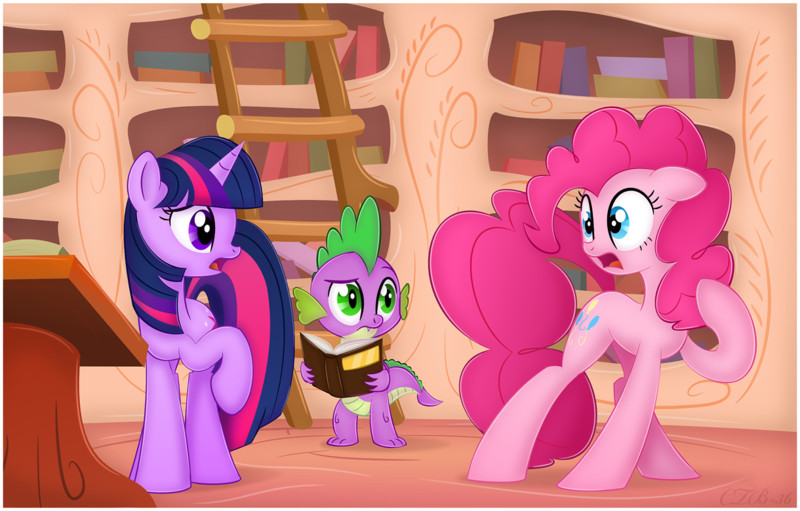 Size: 1220x780 | Tagged: artist:ctb-36, book, derpibooru import, library, pinkie pie, safe, scene interpretation, spike, twilight sparkle